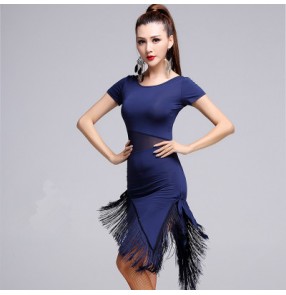 Light grey silver Navy blue black hollow waist short sleeves women's ladies female one piece competition performance professional irregular hem fringes latin salsa cha cha dance dresses outfits costumes